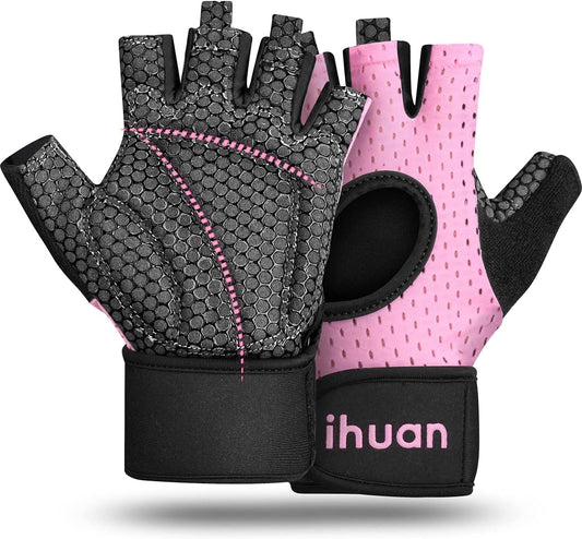 iHuan Breathable Gym Gloves: Fingerless Wrist Support, Enhanced Palm Protection, Extra Grip for Weightlifting, Rowing, Pull-ups
