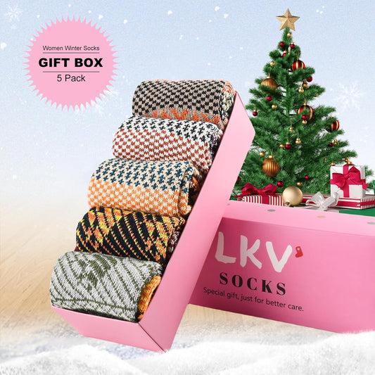 LKV 5 Pairs Wool Socks for Women - Stocking Stuffers Christmas Gifts for Women - Cute Cozy Thick Womens Socks