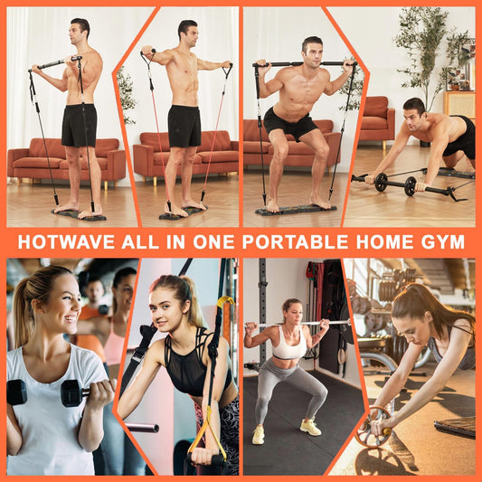 HOTWAVE Portable Workout Equipment with 20 Gym Accessories.Push Up Board &Plank,Resistance Band with Ab Roller Wheel,Exercise  Home For Men and Women
