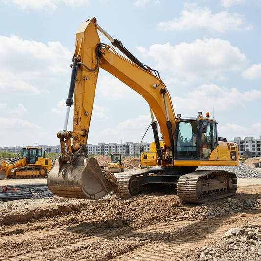 Excavator construction machine at work site